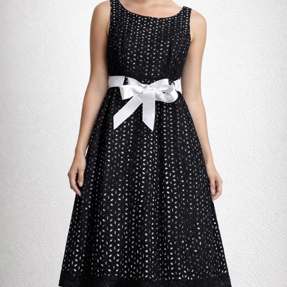Black Eyelet Fit Flare Dress‎ with White Ribbon Sash Size 6 Summer Fairy Preppy